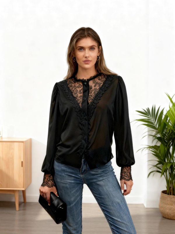 Čipková košeľa s lampovými rukávmi, okrúhly výstrih, polyester 95%+, vzor rastlín a kvetov, casual top