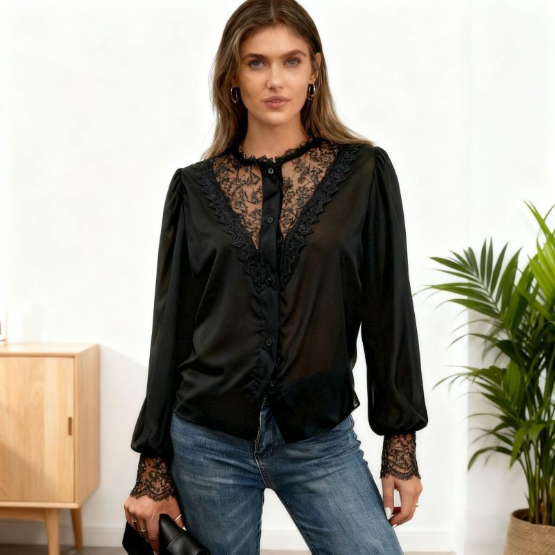 Čipková košeľa s lampovými rukávmi, okrúhly výstrih, polyester 95%+, vzor rastlín a kvetov, casual top