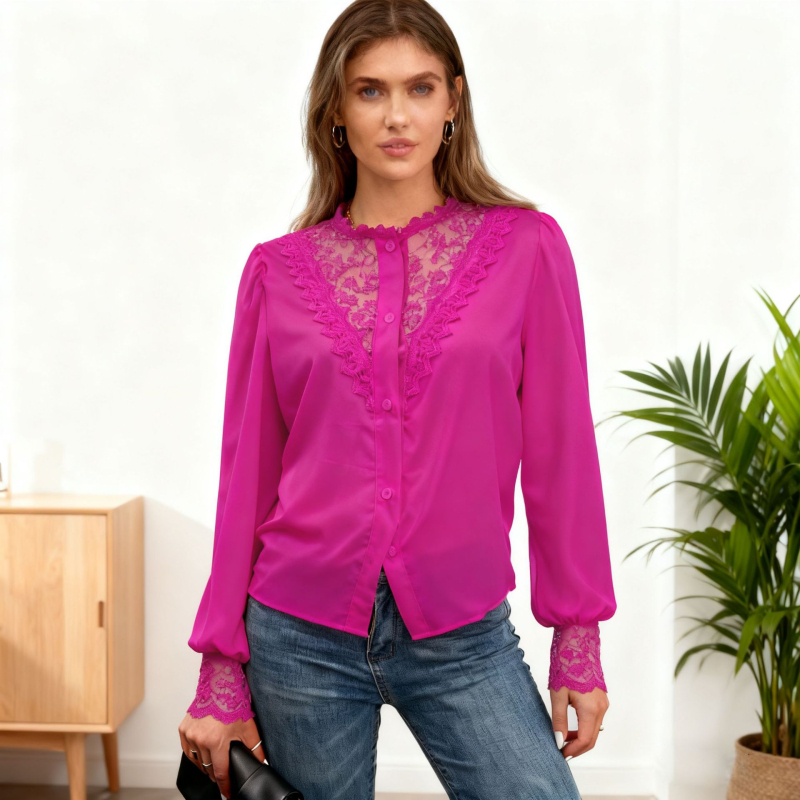 Čipková košeľa s lampovými rukávmi, okrúhly výstrih, polyester 95%+, vzor rastlín a kvetov, casual top