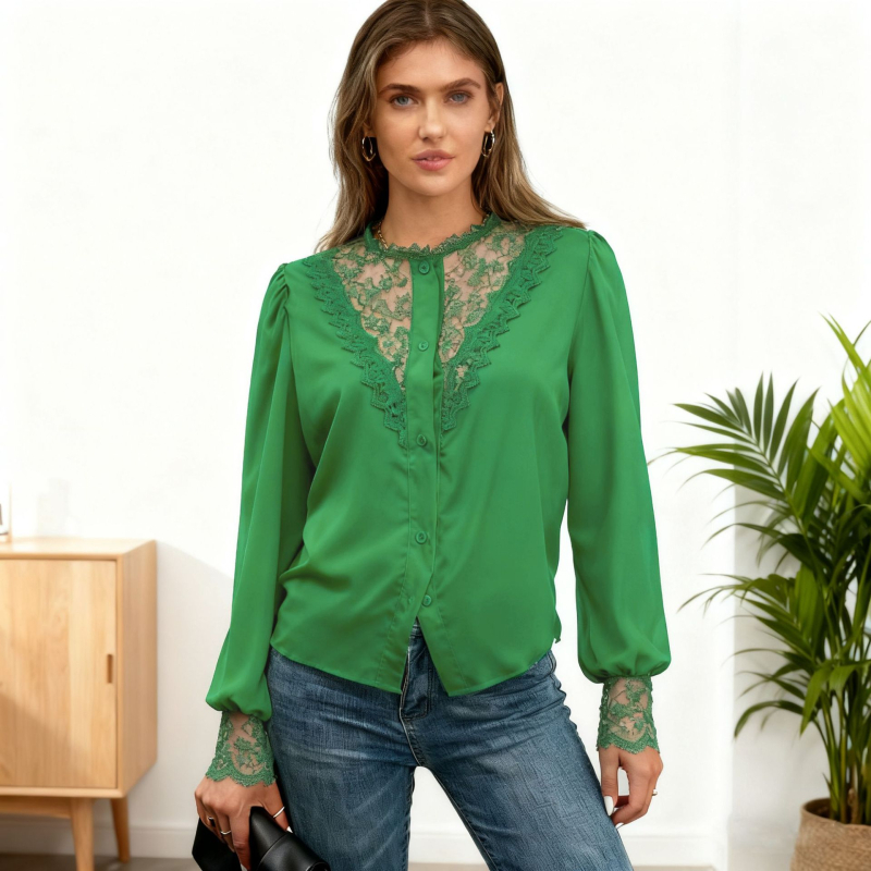 Čipková košeľa s lampovými rukávmi, okrúhly výstrih, polyester 95%+, vzor rastlín a kvetov, casual top