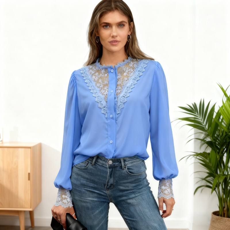 Čipková košeľa s lampovými rukávmi, okrúhly výstrih, polyester 95%+, vzor rastlín a kvetov, casual top