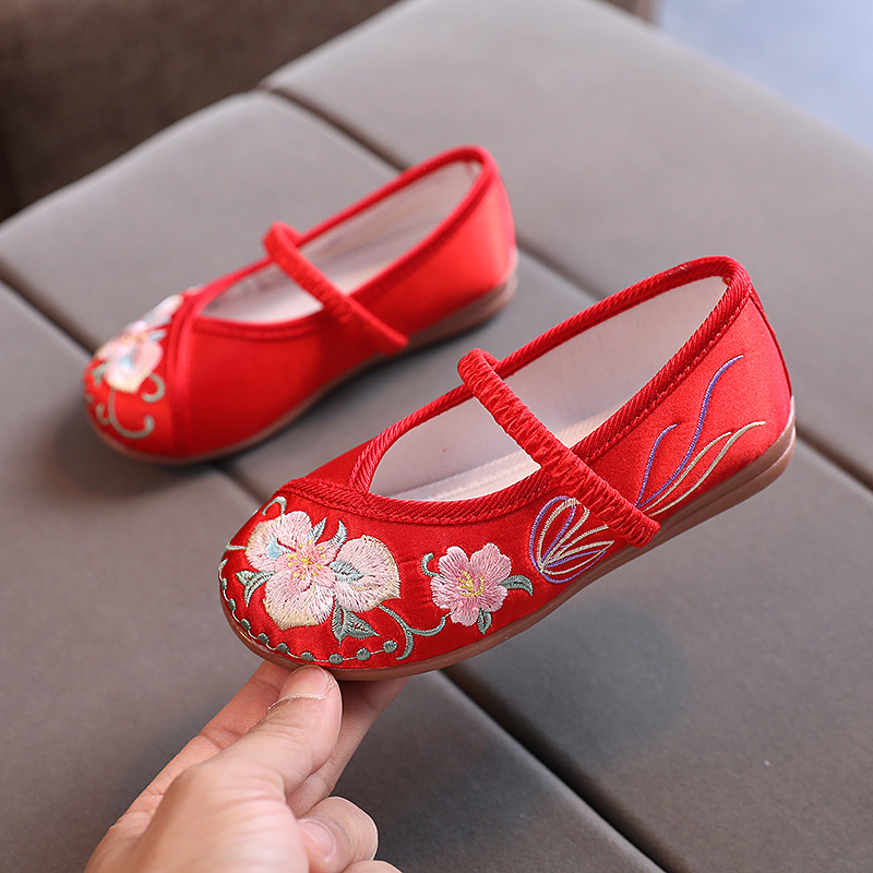 Pantofi tradiționali din pânză pentru fete, broderie manuală, partea superioară din mătase, talpă din tendon de vițel, bandă elastică, masaj, ușori, antiaderanță, stil etnic