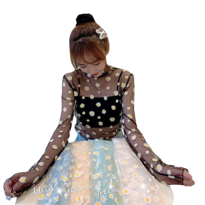 Női csipkés hosszú ujjú póló nyomott mintával, nylon-pamut keverék, kerek nyakú, szűk fazon