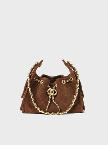 Dámska crossbody kabelka z pravej teľacej kože, diamantové prešívanie, tvar vedra, uzáver na šnúrku, reťazový popruh