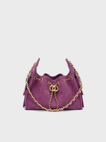 Dámska crossbody kabelka z pravej teľacej kože, diamantové prešívanie, tvar vedra, uzáver na šnúrku, reťazový popruh