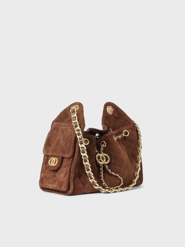 Dámska crossbody kabelka z pravej teľacej kože, diamantové prešívanie, tvar vedra, uzáver na šnúrku, reťazový popruh