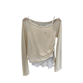 Dvodijelni set: Top od Ice Silk pletenog materijala, U-izrez, dugi rukav, uski kroj, korejski stil