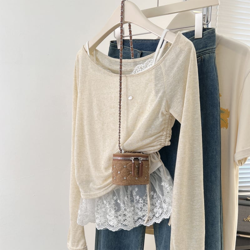 Dvodijelni set: Top od Ice Silk pletenog materijala, U-izrez, dugi rukav, uski kroj, korejski stil
