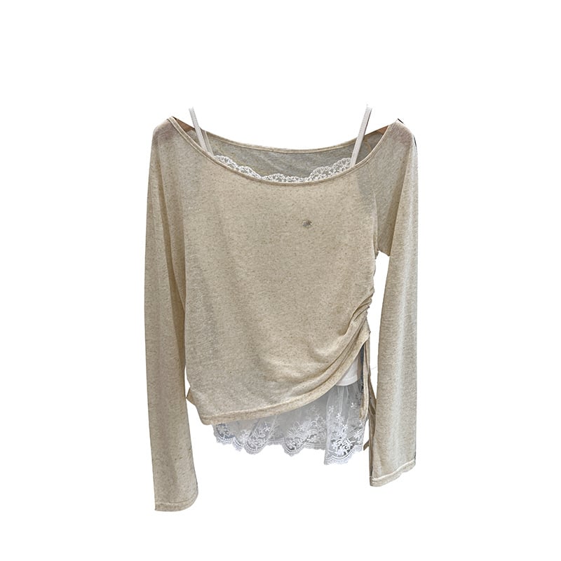Dvodijelni set: Top od Ice Silk pletenog materijala, U-izrez, dugi rukav, uski kroj, korejski stil