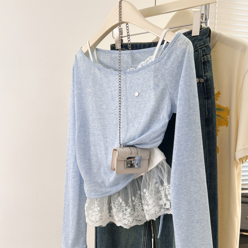 Dvodijelni set: Top od Ice Silk pletenog materijala, U-izrez, dugi rukav, uski kroj, korejski stil