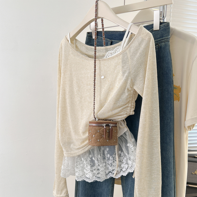Dvodijelni set: Top od Ice Silk pletenog materijala, U-izrez, dugi rukav, uski kroj, korejski stil