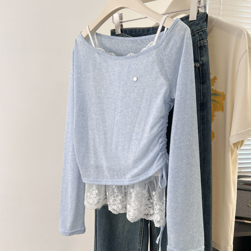 Dvodijelni set: Top od Ice Silk pletenog materijala, U-izrez, dugi rukav, uski kroj, korejski stil