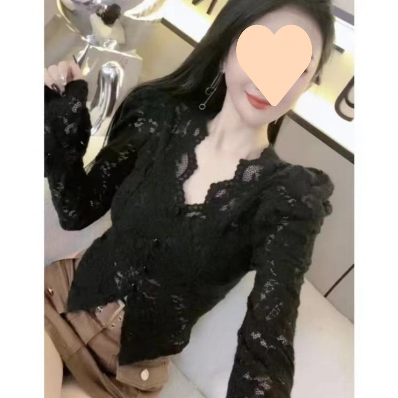 Čipkasta bluza (V-izrez, Flutter rukavi, dugi rukav, Polyester, Autumn 2024)