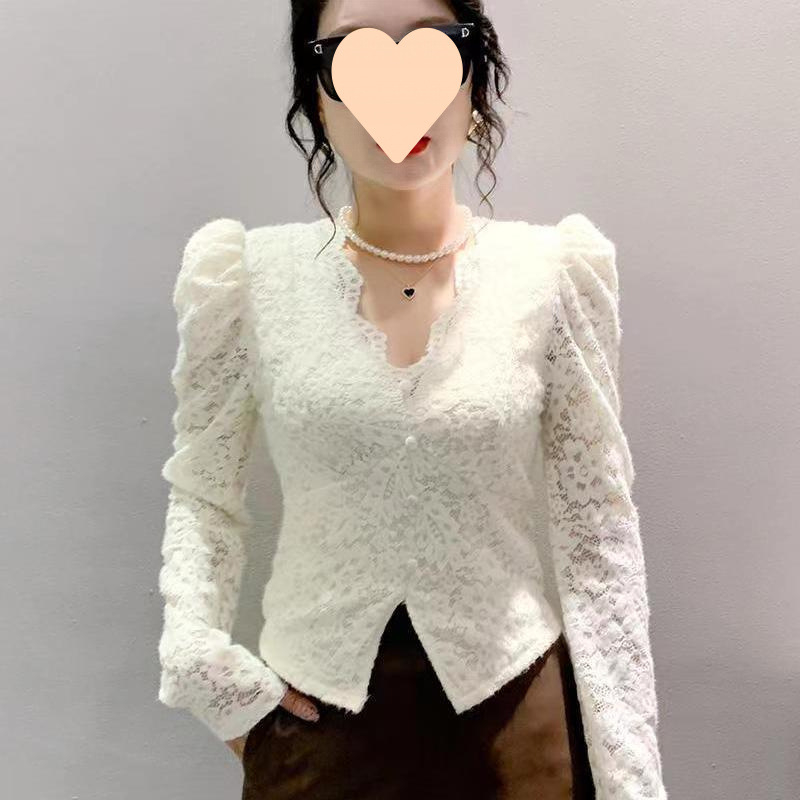 Čipkasta bluza (V-izrez, Flutter rukavi, dugi rukav, Polyester, Autumn 2024)