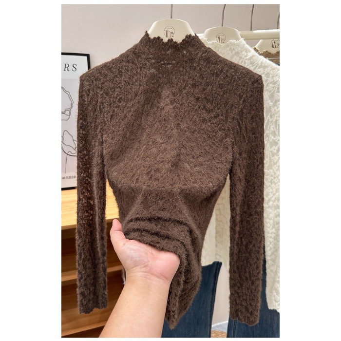 Majica od poliestera s oversize krojem, dugi rukavi, mali visok ovratnik, pleteni gornji dio s čipkastim izrezima