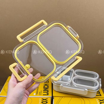 Ebéddoboz, mikrohullámú sütőben használható, 304 rozsdamentes acél, három rekesz, zárható, kapacitás 800-1000 ml