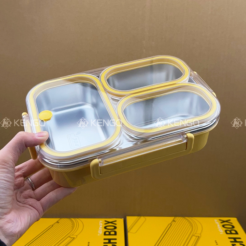 Ebéddoboz, mikrohullámú sütőben használható, 304 rozsdamentes acél, három rekesz, zárható, kapacitás 800-1000 ml