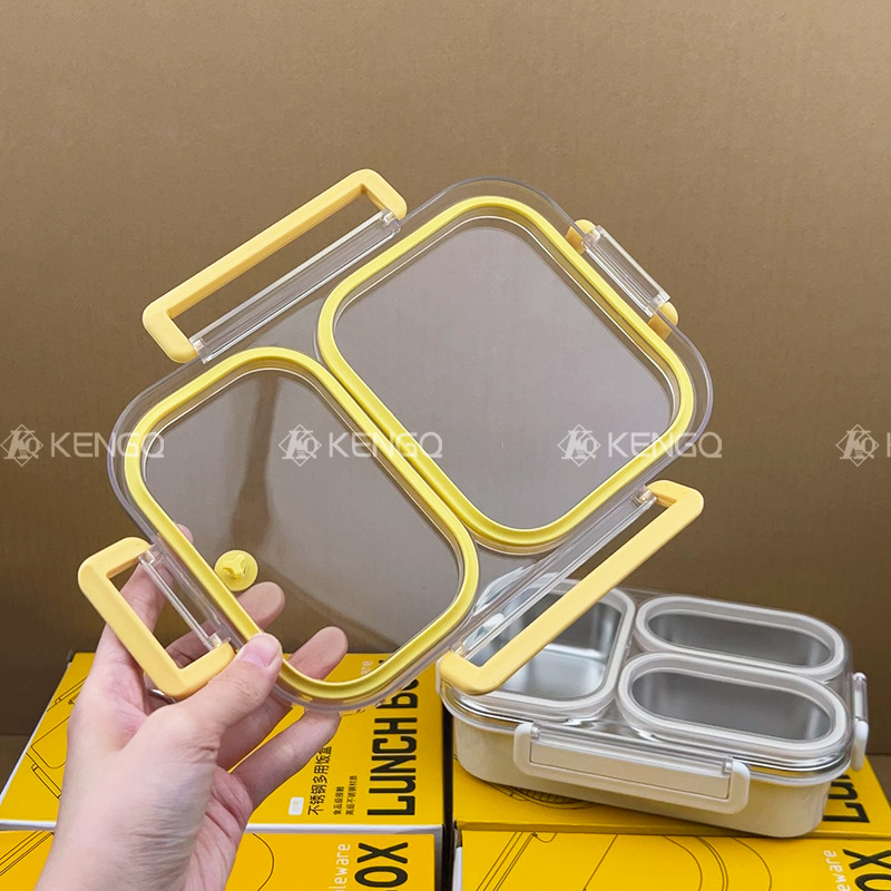 Ebéddoboz, mikrohullámú sütőben használható, 304 rozsdamentes acél, három rekesz, zárható, kapacitás 800-1000 ml