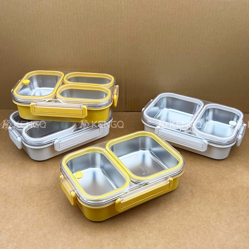 Ebéddoboz, mikrohullámú sütőben használható, 304 rozsdamentes acél, három rekesz, zárható, kapacitás 800-1000 ml