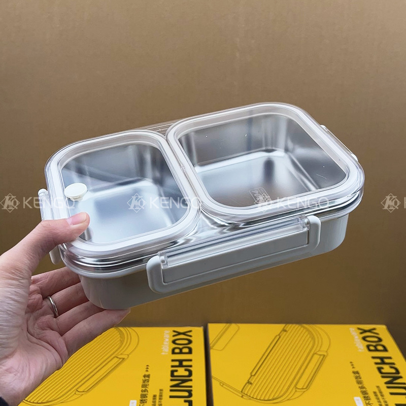 Ebéddoboz, mikrohullámú sütőben használható, 304 rozsdamentes acél, három rekesz, zárható, kapacitás 800-1000 ml