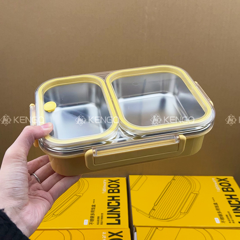 Ebéddoboz, mikrohullámú sütőben használható, 304 rozsdamentes acél, három rekesz, zárható, kapacitás 800-1000 ml