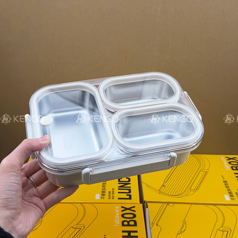 Ebéddoboz, mikrohullámú sütőben használható, 304 rozsdamentes acél, három rekesz, zárható, kapacitás 800-1000 ml