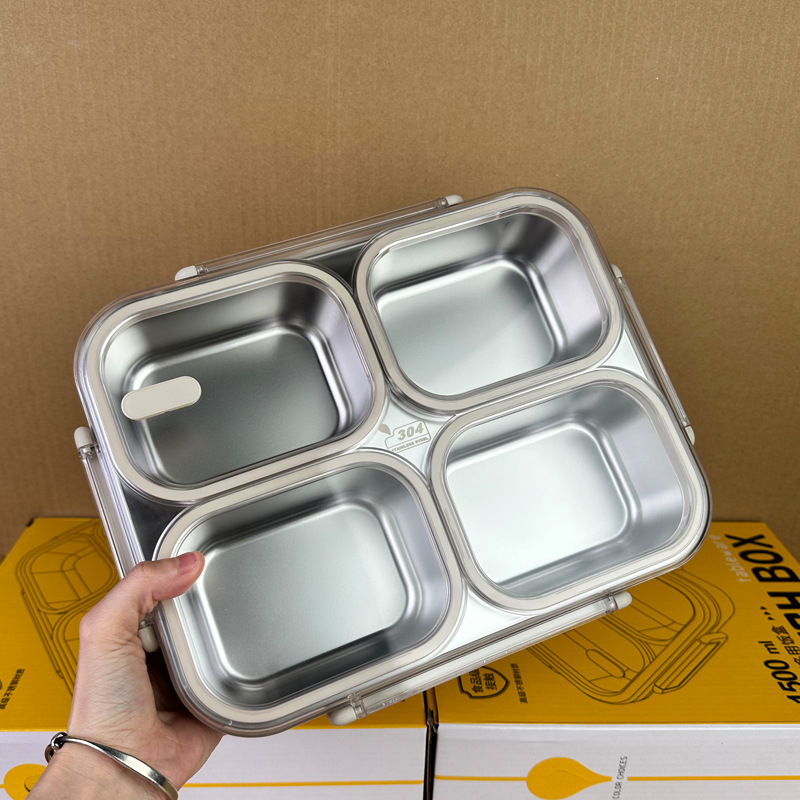 Ebéddoboz, mikrohullámú sütőben használható, 304 rozsdamentes acél, három rekesz, zárható, kapacitás 800-1000 ml