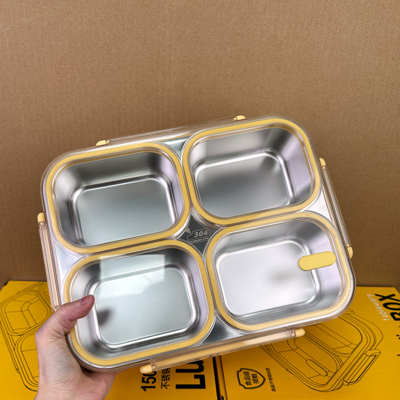 Ebéddoboz, mikrohullámú sütőben használható, 304 rozsdamentes acél, három rekesz, zárható, kapacitás 800-1000 ml