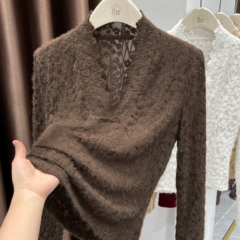 Čipkasti pleteni pulover s V-izrezom, mješavina poliestera i elastana, 3D dekorativni stil, elegantan zreo izgled, labav kroj, dugi rukavi