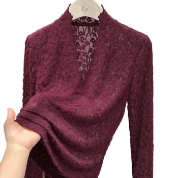 Čipkasti pleteni pulover s V-izrezom, mješavina poliestera i elastana, 3D dekorativni stil, elegantan zreo izgled, labav kroj, dugi rukavi