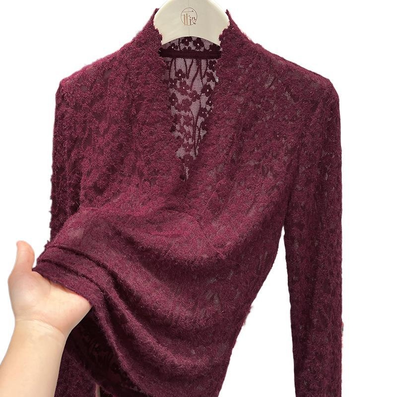 Čipkasti pleteni pulover s V-izrezom, mješavina poliestera i elastana, 3D dekorativni stil, elegantan zreo izgled, labav kroj, dugi rukavi