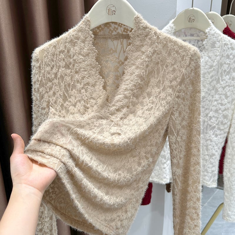 Čipkasti pleteni pulover s V-izrezom, mješavina poliestera i elastana, 3D dekorativni stil, elegantan zreo izgled, labav kroj, dugi rukavi
