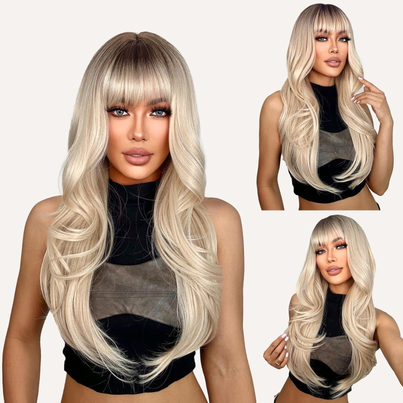 Hölgyeknek szóló hosszú, göndör paróka Qi frufruval, hőálló szálakból, mechanikus feldolgozás, modell 25003