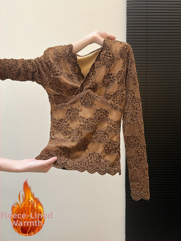 Top s čipkom i flisom, Slim-fit, Dugi rukav, V-izrez
