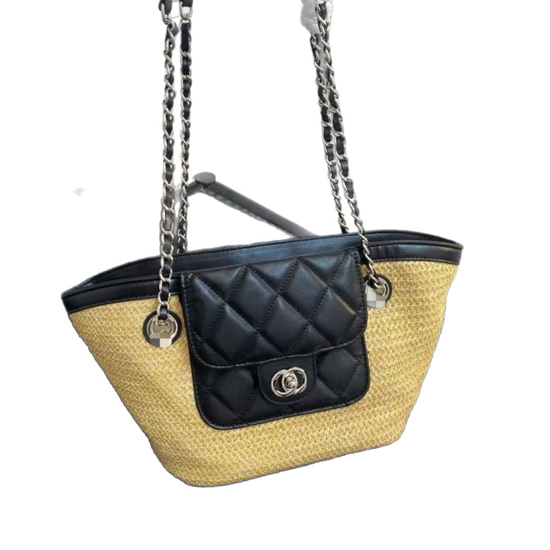 Torba Tote od pletene slamice, velika kapaciteta, unisex stil, horizontalni kvadratni oblik, pretinac za mobitel, dvostruke naramenice