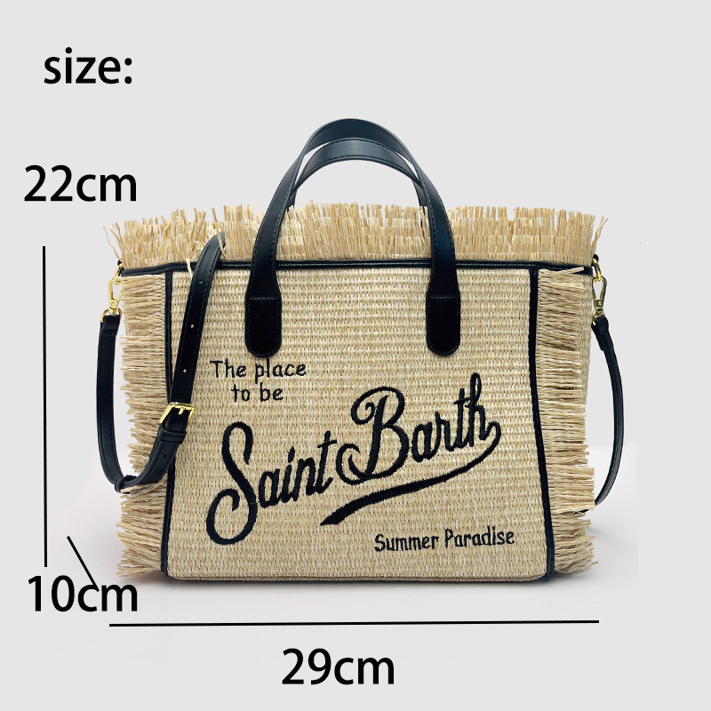SAINT BARTH Tote torba od slame s resicama, dumpling oblik, zatvaranje na zip, podstava od platna