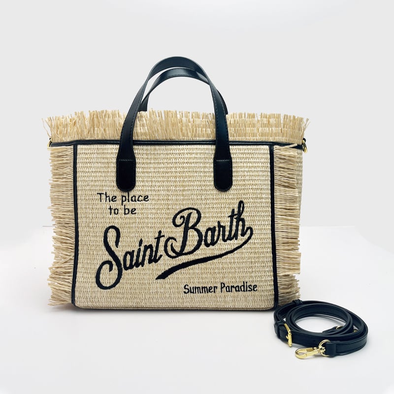 SAINT BARTH Tote torba od slame s resicama, dumpling oblik, zatvaranje na zip, podstava od platna
