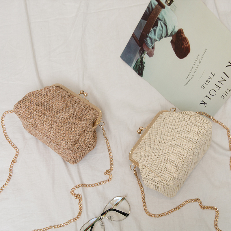 Geantă crossbody din paie, în stil național literar-artistic, formă mică pătrată, închidere cu clapetă, formă 20213