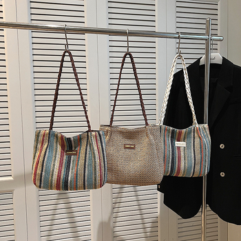 Женска торба от слама Tote – ежедневен градски стил, хоризонтална квадратна форма, цип за отваряне