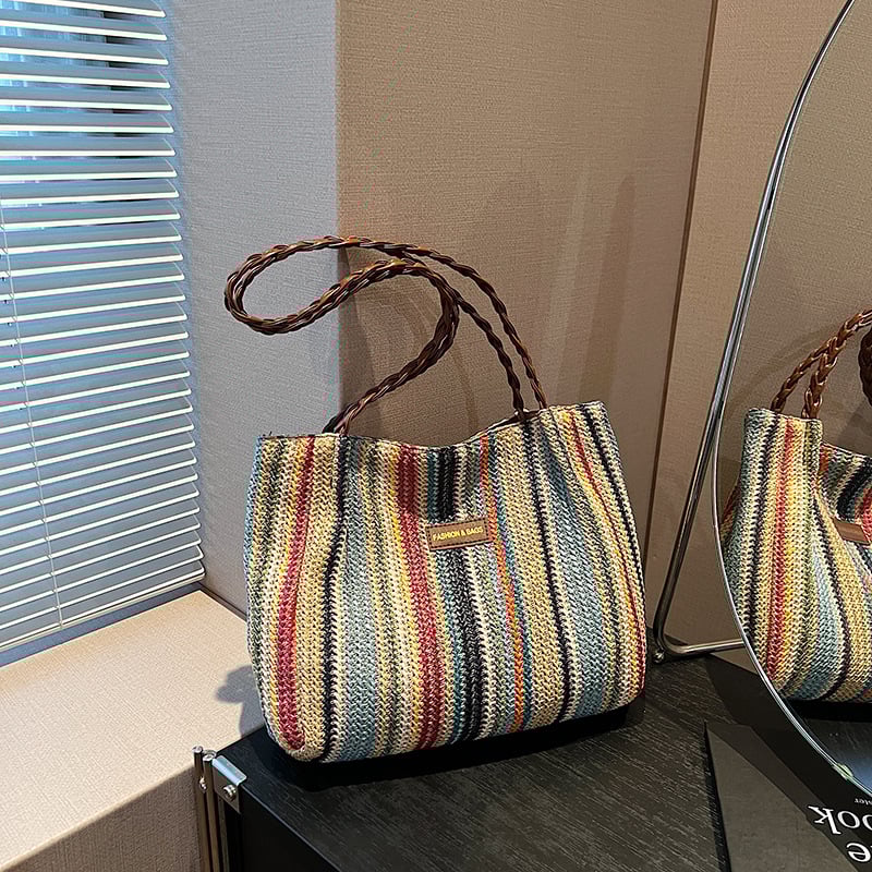 Женска торба от слама Tote – ежедневен градски стил, хоризонтална квадратна форма, цип за отваряне