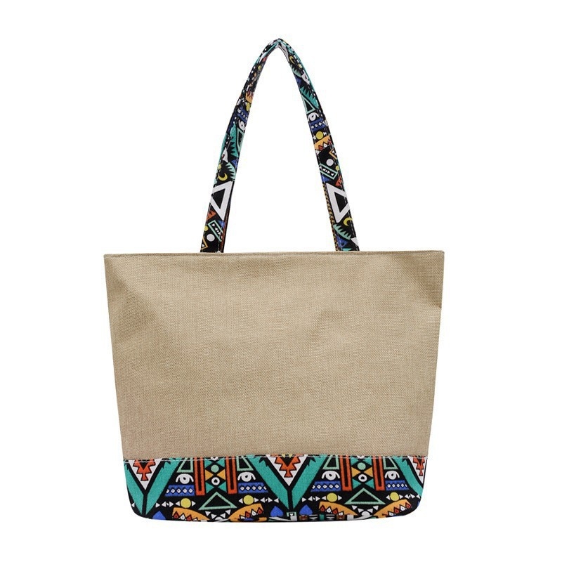 Geantă Tote, Stil Național Literar-Artistic, Material din paie, Formă orizontală pătrată, Închidere cu fermoar, Căptușeală din poliester, Două bretele