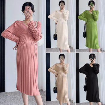 Rochie, stil coreean, toamnă, decolteu în V, mâneci lungi, material tricotat din 50% acrilic.