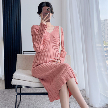 Rochie, stil coreean, toamnă, decolteu în V, mâneci lungi, material tricotat din 50% acrilic.