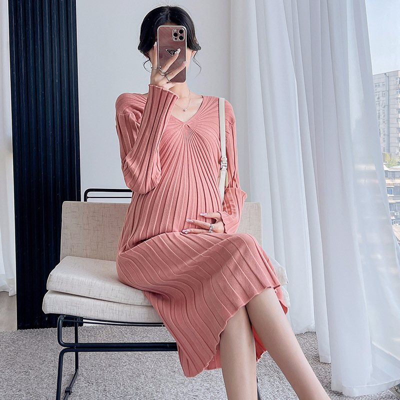 Rochie, stil coreean, toamnă, decolteu în V, mâneci lungi, material tricotat din 50% acrilic.