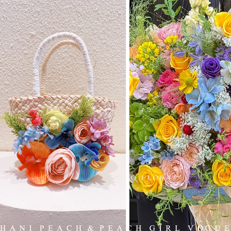 Slamena torba s motivom Monet Garden Morandi ulja i Phalaenopsis cvijeta, kvadratnog stila • Haning Peach brand • Proljeće 2025