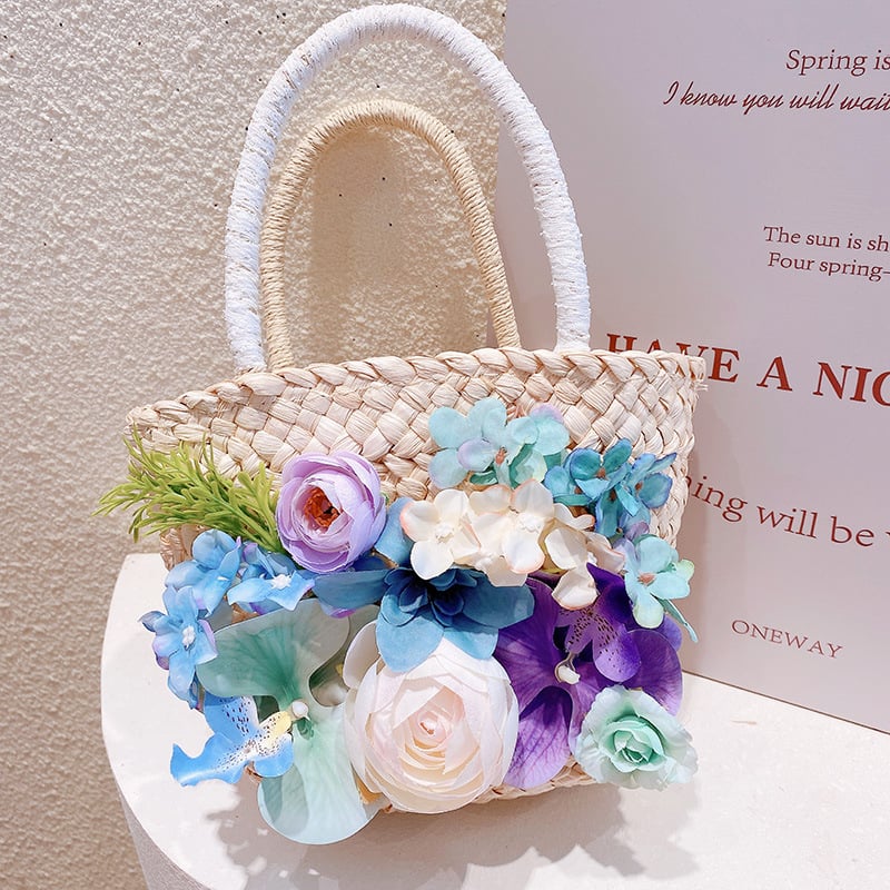 Slamena torba s motivom Monet Garden Morandi ulja i Phalaenopsis cvijeta, kvadratnog stila • Haning Peach brand • Proljeće 2025