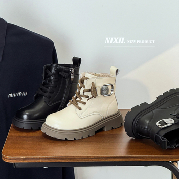 Ghete Martin pentru copii, cu partea superioară din piele, gambă medie, fermoar lateral, talpă din cauciuc