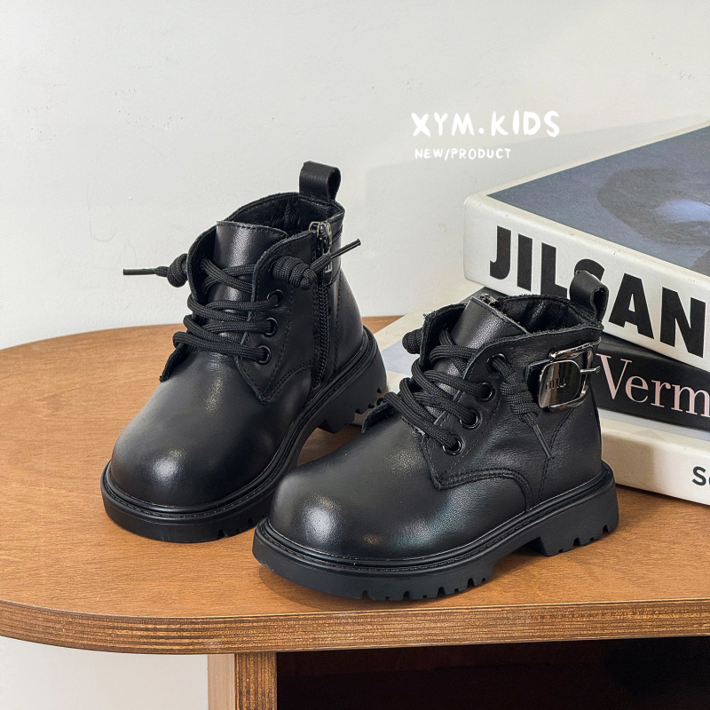 Ghete Martin pentru copii, cu partea superioară din piele, gambă medie, fermoar lateral, talpă din cauciuc