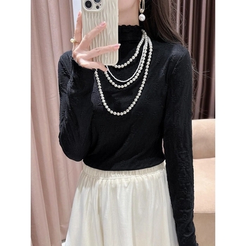 Top din dantelă cu broderie florală și margine dantelată, guler semi-înalt, mâneci lungi, dantelă din nailon 80–90%, toamnă 2024, stil urban