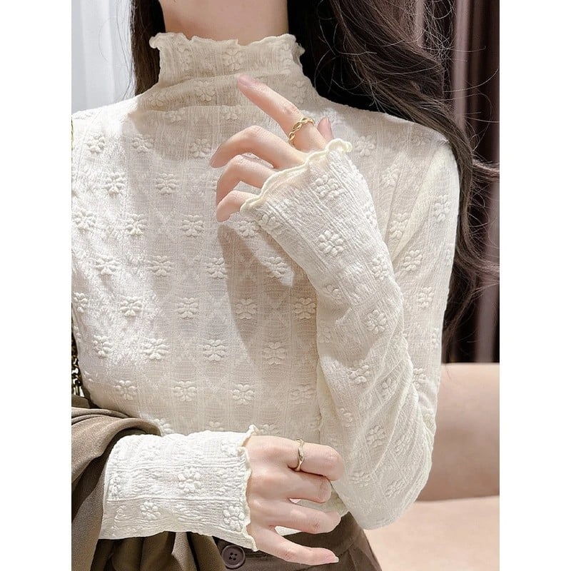 Top din dantelă cu broderie florală și margine dantelată, guler semi-înalt, mâneci lungi, dantelă din nailon 80–90%, toamnă 2024, stil urban